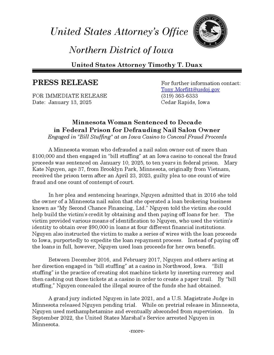 Minnesota Woman Sentenced to Federal Prison for Defrauding Nail Salon